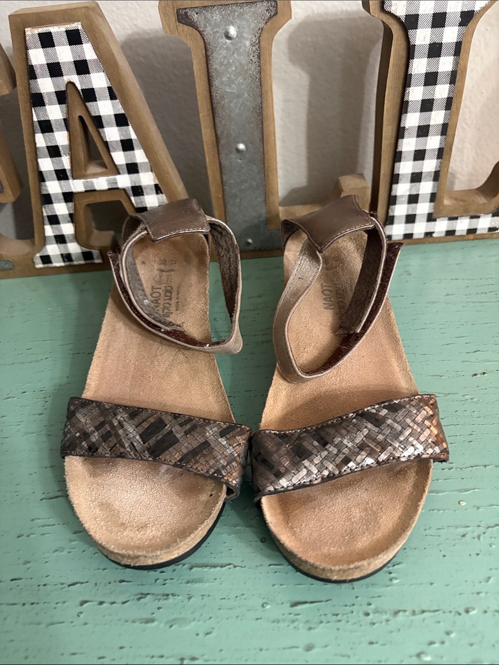 Naot Wos Metallic Brown Woven Ankle-Strap Sandals